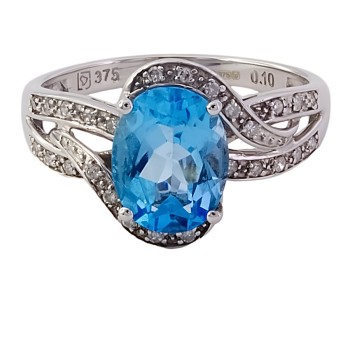 9ct Gold Blue Topaz/Diamond Claw Set Ring Size M